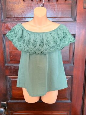 Mi Amore Sage Green Off-Shoulder Embroidered Ruffle Top